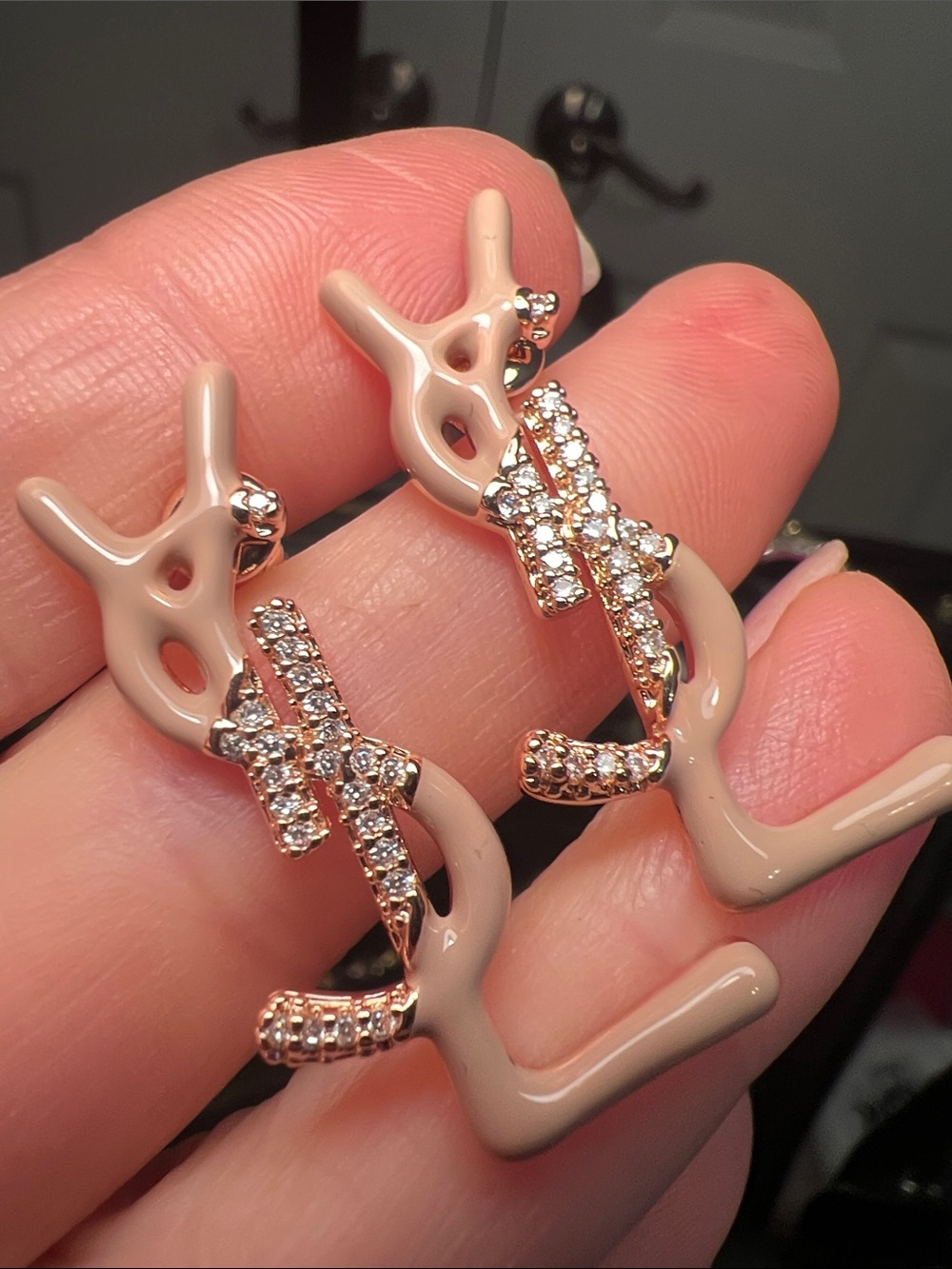 Beige Enamel Antler Drop Earrings with Crystal Accents